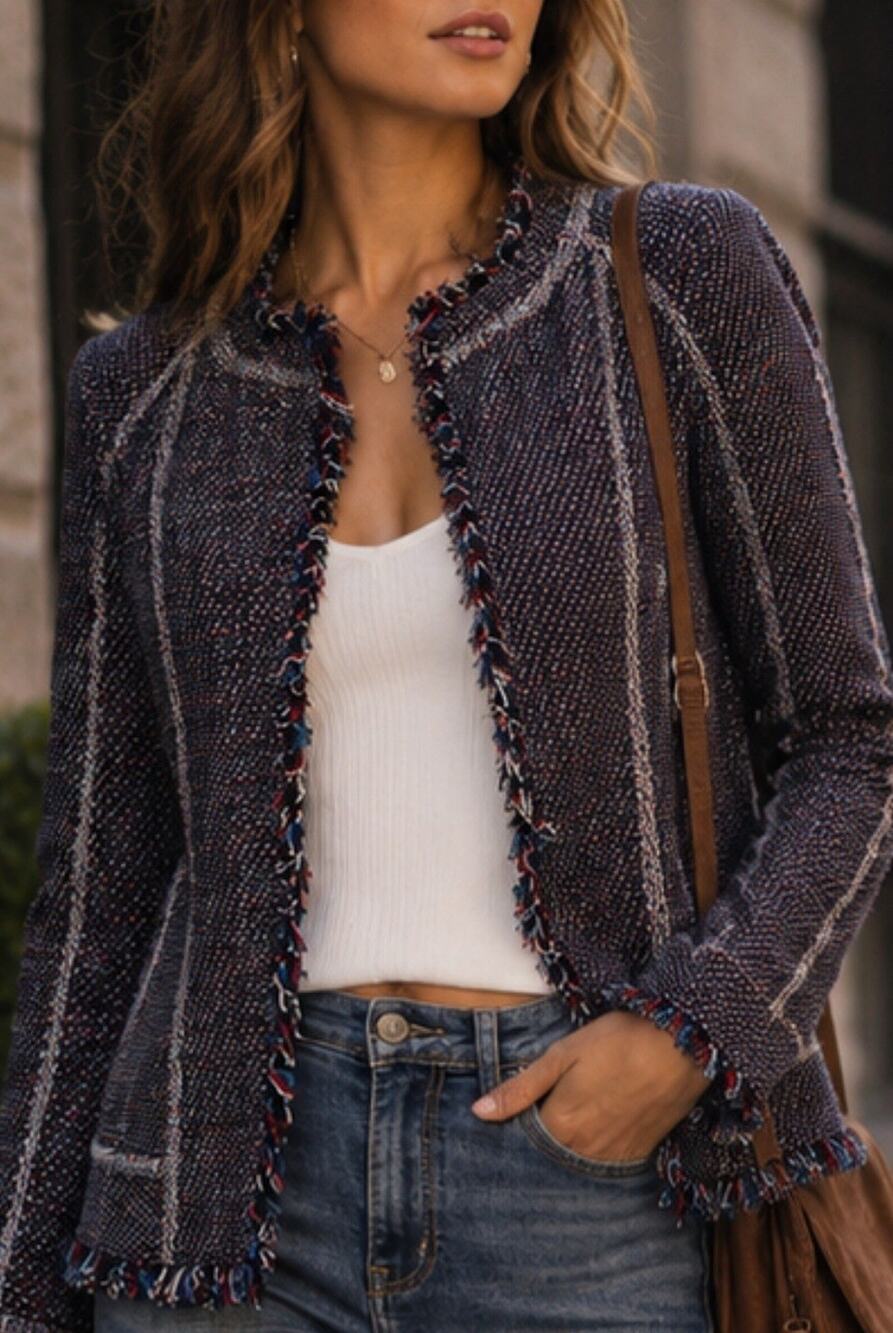 DKNY Donna Karan New York Knit Tweed Fringe Jacket Women’s Size 4 Blue Cardigan